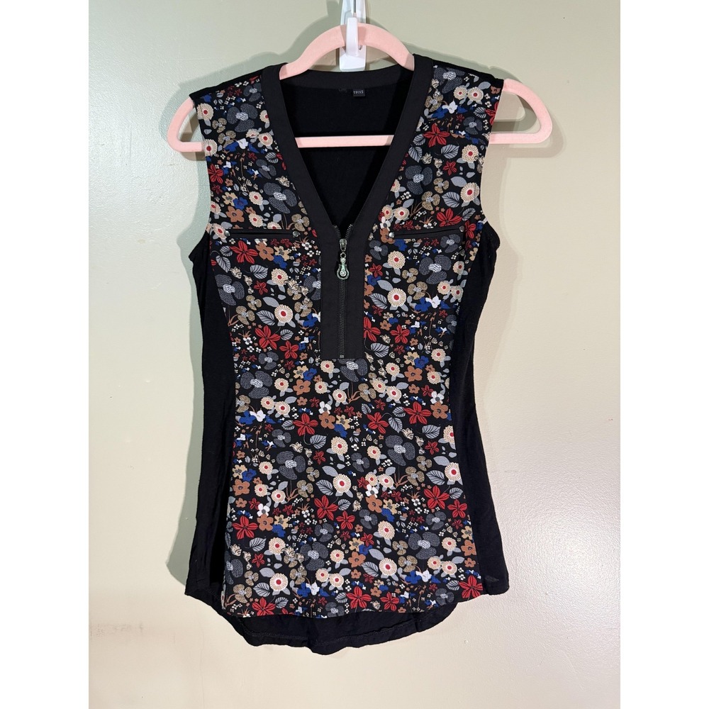 TPXS Tank Womens S Black Floral Embroidered Zip Front Tunic Pockets Stretch